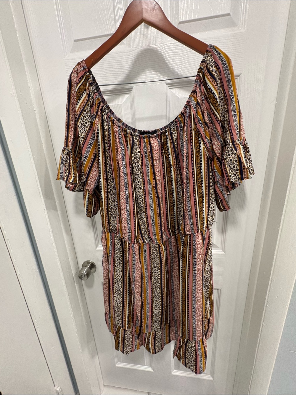 New Look Striped Off-Shoulder Tunic Dress - Pink Mustard Black